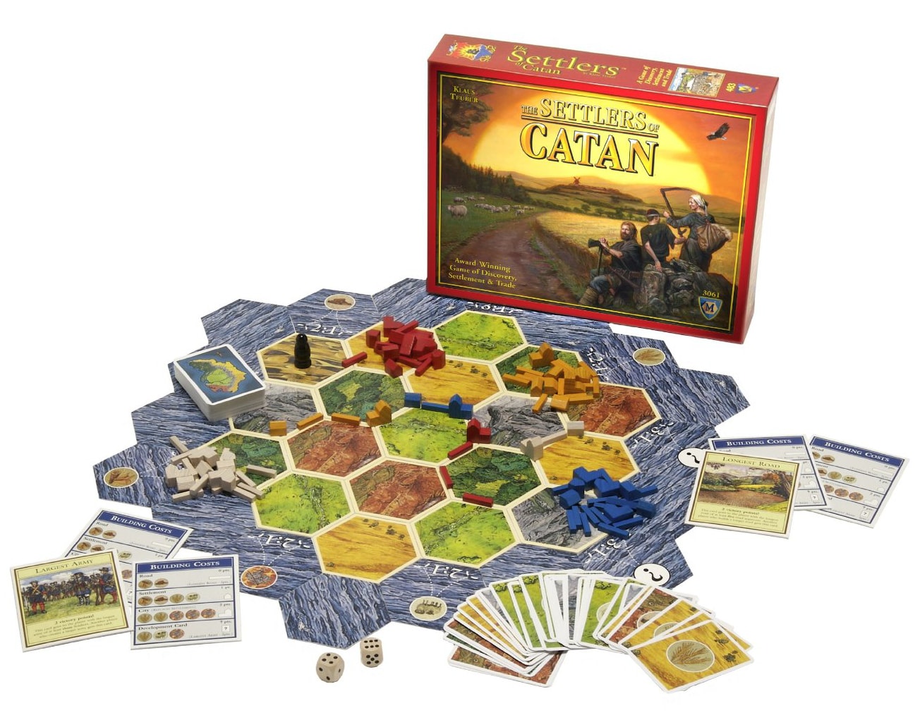 Settlers of Catan box and board with cards on display