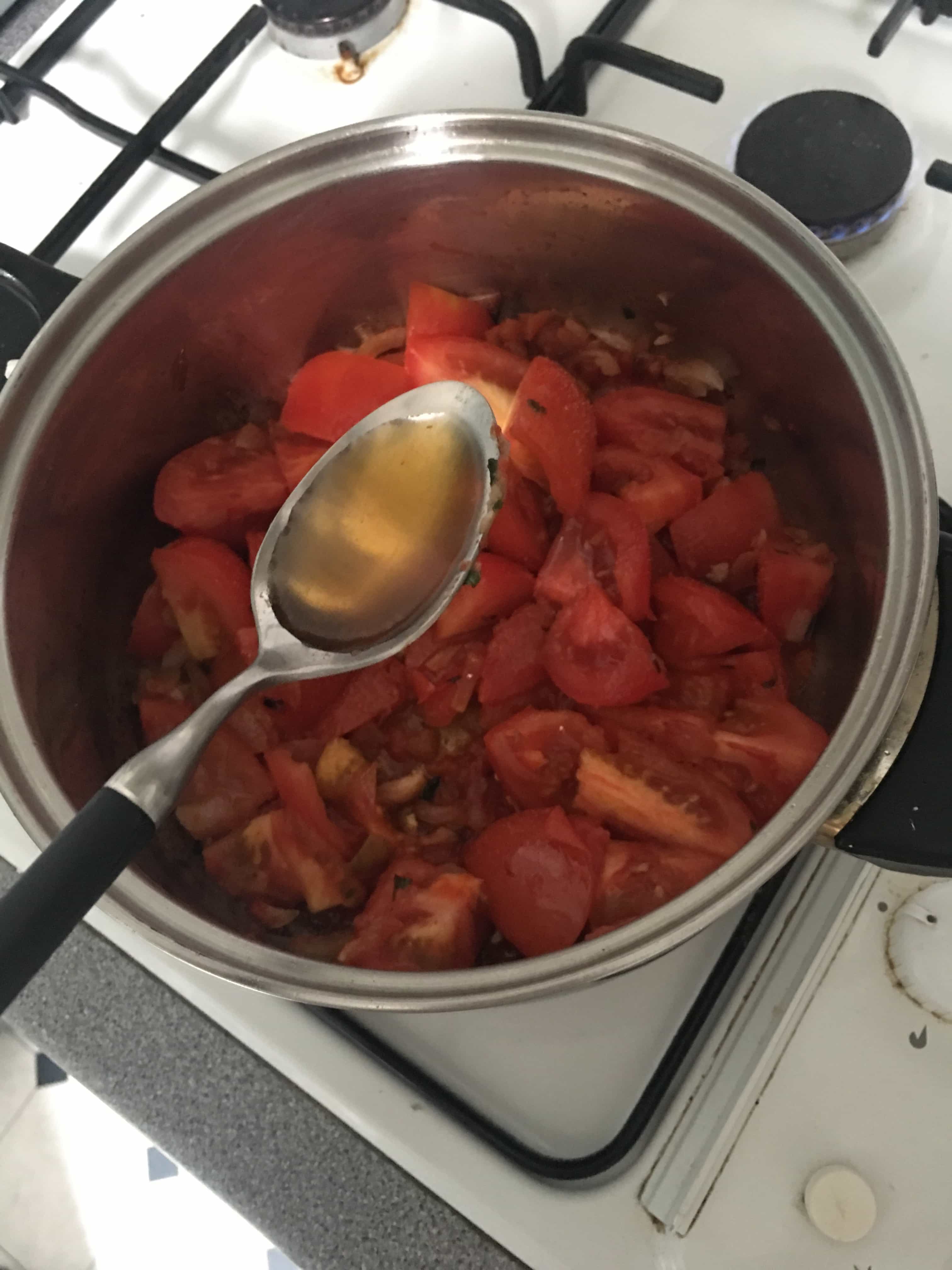 Tomatoes in the pan all ready to go