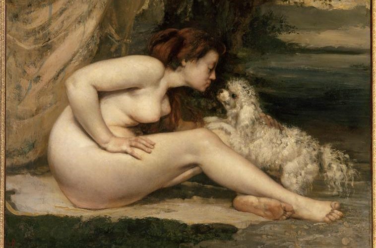 naked woman and her pet dog